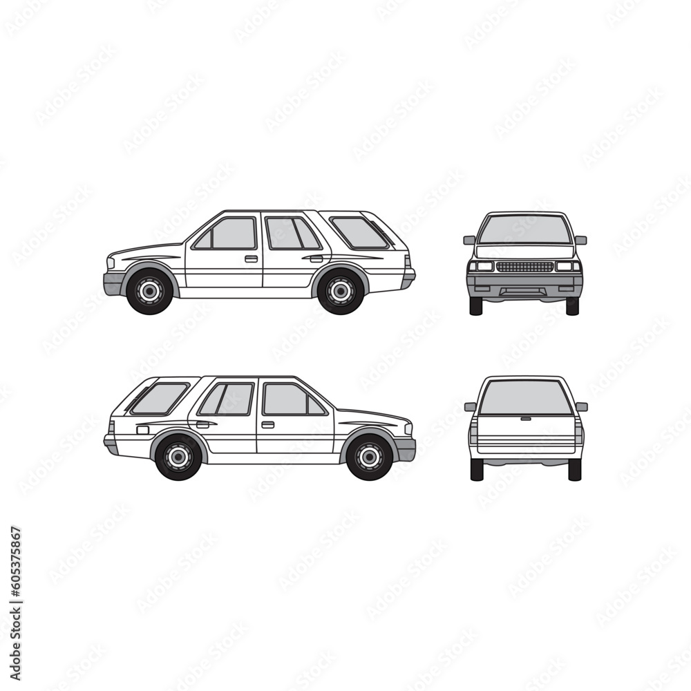 offroad outline, year 1993, isolated white background, front, back, top and side view.