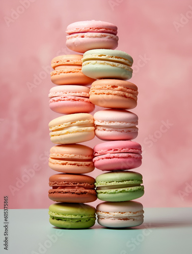 Stack of colorful macarons dessert balancing on pink background. AI generative