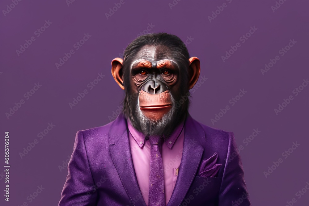 A chimpanzee turned human dressed in a suit and tie poses on a purple background. Generative AI A chimpanzee turned human dressed in a suit and tie poses on a purple background. Generative AI