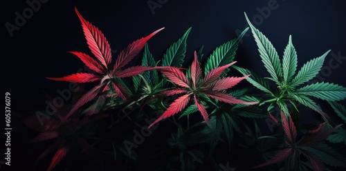 A bunch of green marijuana leaves on a black background for medicinal and therapeutic use. Generative AI