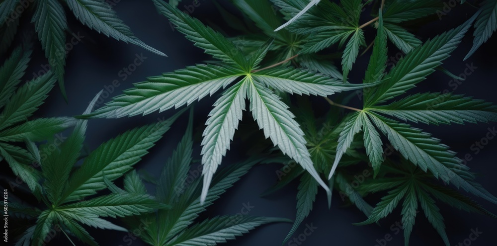 A bunch of green marijuana leaves on a black background for medicinal and therapeutic use. Generative AI A bunch of green marijuana leaves on a black background for medicinal and therapeutic use. Generative AI