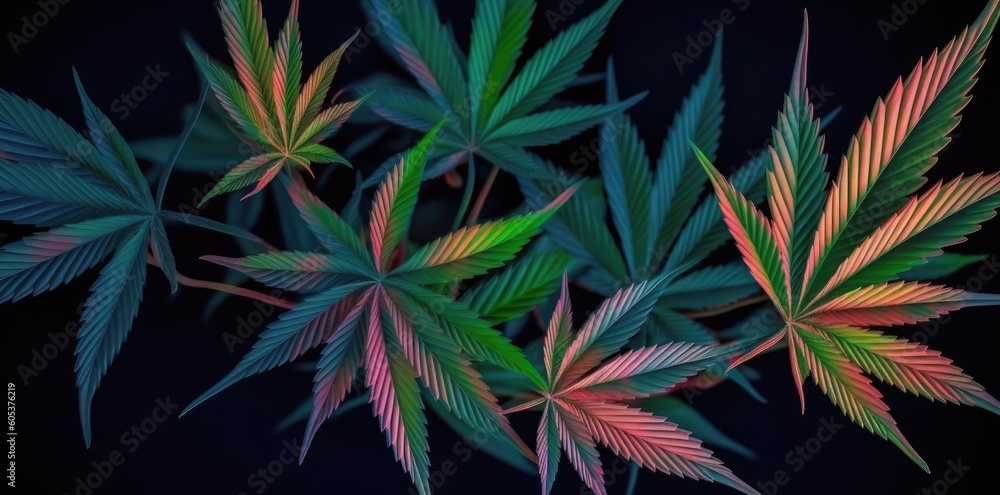 A bunch of green marijuana leaves on a black background for medicinal and therapeutic use. Generative AI A bunch of green marijuana leaves on a black background for medicinal and therapeutic use. Generative AI