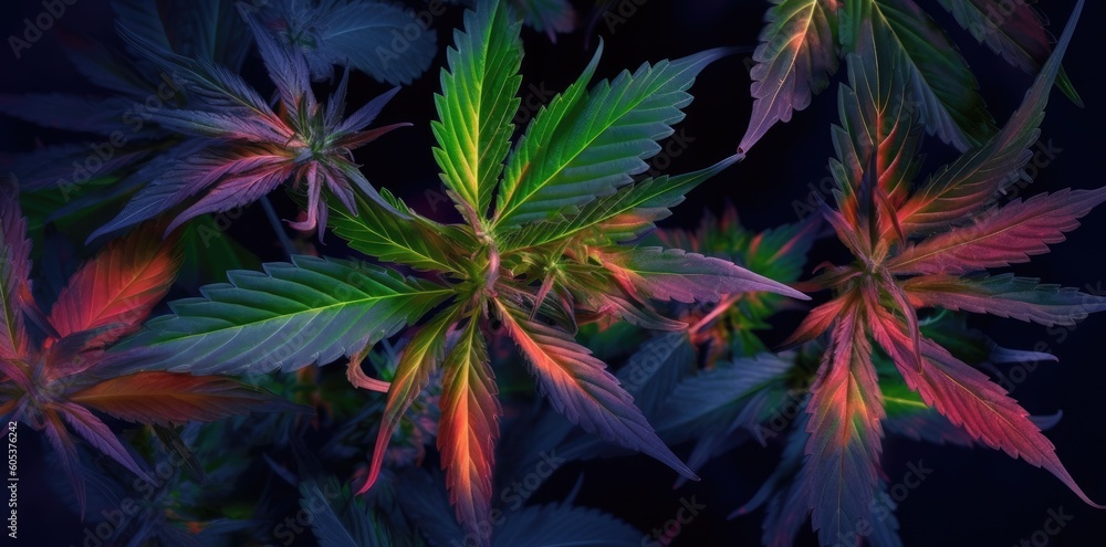 A bunch of green marijuana leaves on a black background for medicinal and therapeutic use. Generative AI A bunch of green marijuana leaves on a black background for medicinal and therapeutic use. Generative AI