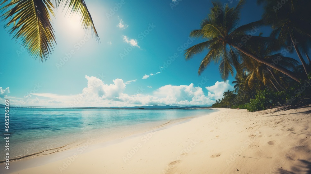 Summer vibes ona paradise tropical island. Perfect sand and clear blue water. Generative Ai