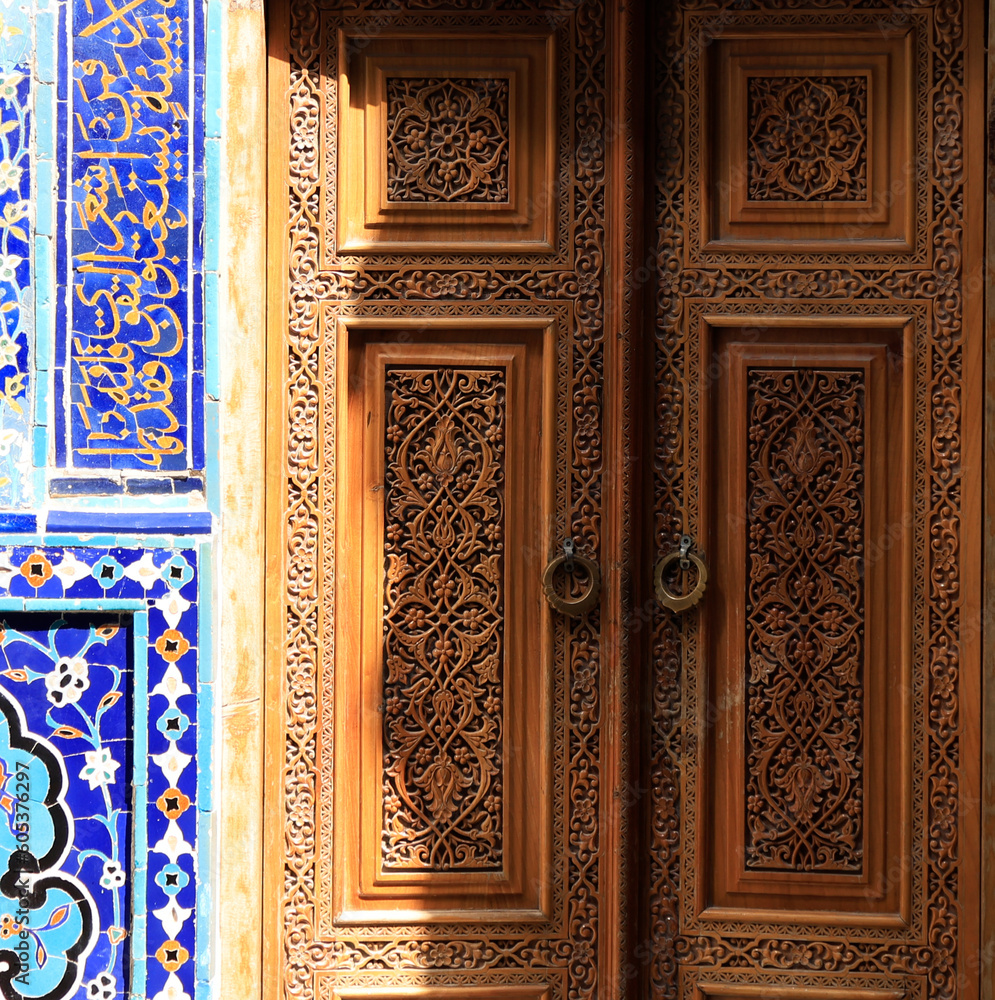 Entrance door of a mausoleum of the Shakhi Zinda necropolis in Samarkand, Uzbekistan