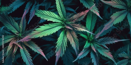 A bunch of green marijuana leaves on a black background for medicinal and therapeutic use. Generative AI