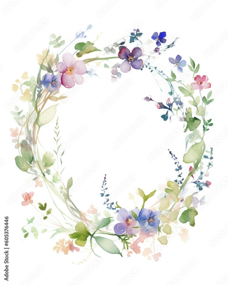watercolor painting of beautiful delicate floral frame on white background. Generative Ai