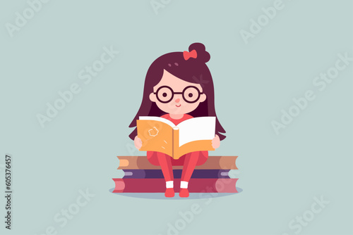 child reading a book, girl reading a book, cute girl reading a book vector illustration, cute girl studying illustration