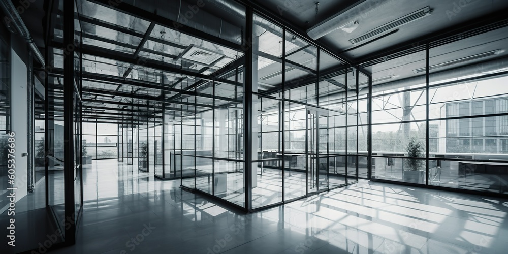 Modern office building interior with glass walls frames. Generative Ai