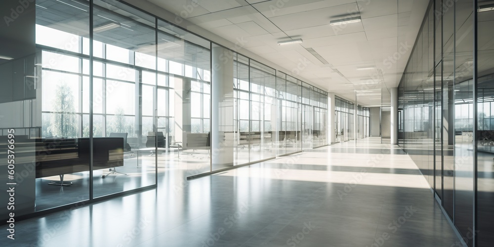 Modern office building interior with glass walls frames. Generative Ai Modern office building interior with glass walls frames. Generative Ai