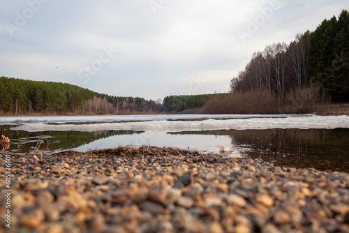 Spring streams in nature. The snow melts in a large lake and clear streams run. Nature against the blue sky, lakes and forests. Beautiful natural background.