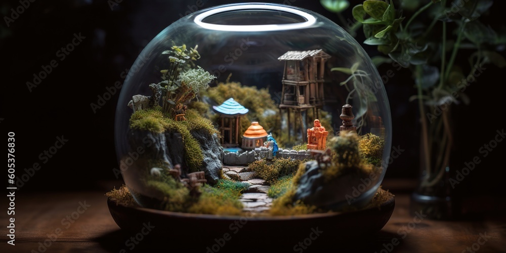 A miniature world inside a glass terrarium, with tiny figurines living out their daily lives, sparking curiosity and wonder, concept of Microcosm, created with Generative AI technology A miniature world inside a glass terrarium, with tiny figurines living out their daily lives, sparking curiosity and wonder, concept of Microcosm, created with Generative AI technology