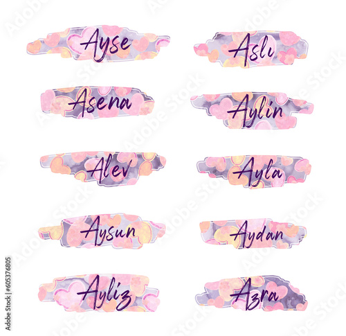 turkish girl names starting with letter A, stickers, labels, name tags, heart pattern, png file photo