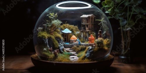 A miniature world inside a glass terrarium, with tiny figurines living out their daily lives, sparking curiosity and wonder, concept of Microcosm, created with Generative AI technology