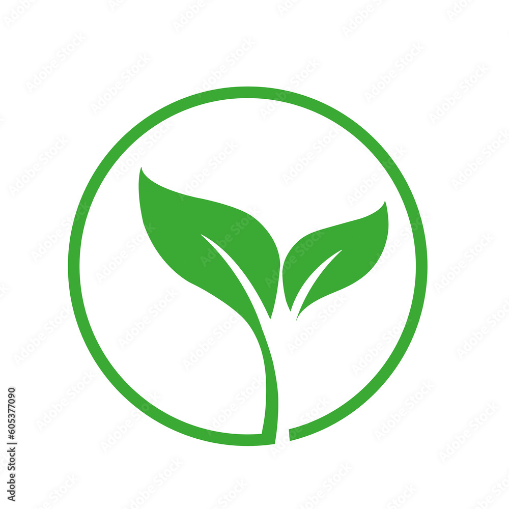 Logotipo ecológico verde con dos hojas sobre un fondo blanco liso y aislado. Vista de frente y de cerca. Copy space Logotipo ecológico verde con dos hojas sobre un fondo blanco liso y aislado. Vista de frente y de cerca. Copy space