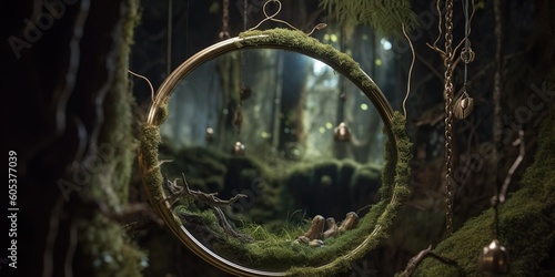 A mirror reflecting a parallel, fantasy world where everyday objects take on magical qualities and enchanting properties, concept of Alternate reality, created with Generative AI technology
