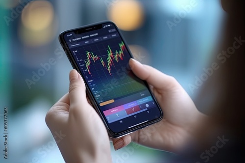 Close up hand business hold mobile phone and stock market graph on screen. Generative AI