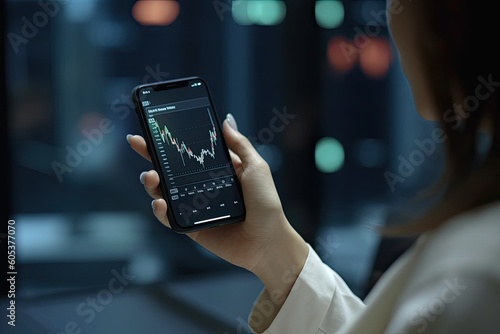 Close up hand business hold mobile phone and stock market graph on screen. Generative AI
