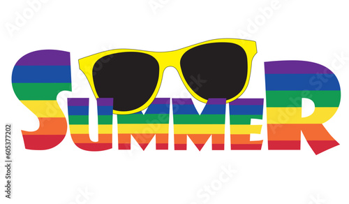 Banner de verano con texto en color arco iris y gafas de sol amarillas. Icono vector