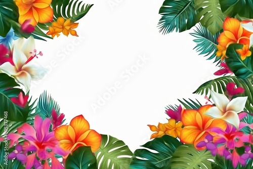 Coloful tropical border frame on a white background with flowers and palm leaves and fronds