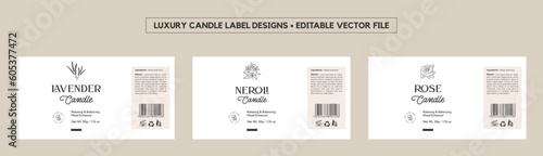 Luxury Candle Label Design Template, Minimal fragrance Candle Label Packaging Design, Lavender Candle, Rose Candle, Neroli Scented Spa Candle Label Sticker Editable vector file for printing
