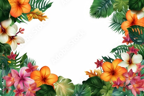 Tropical background with plumeria, hibiscus, palm fronds, leaves as a frame in bright colors with empty space for text or copy