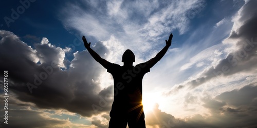 Silhouette of a happy man with outstretched arms, against the background of the sky and clouds, concept of Freedom, created with Generative AI technology