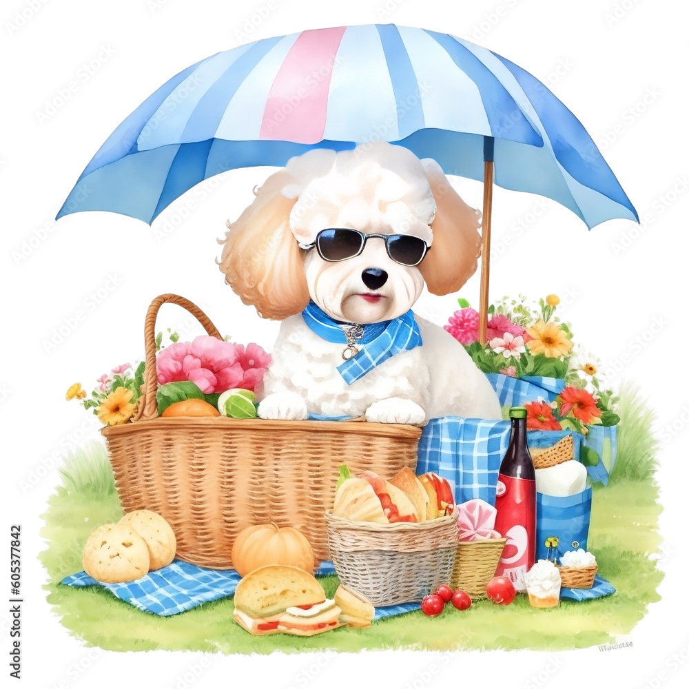 Obraz premium Watercolor illustration of cute dog in sunglasses sitting in a basket with food, AI Generative