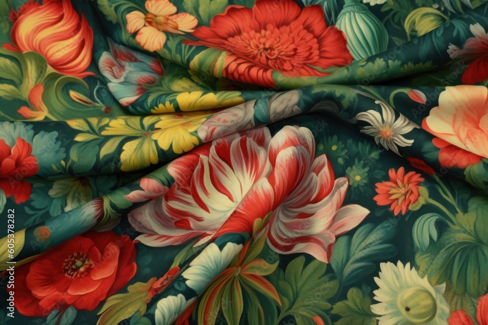 Beautiful and colorful background of a fabric with light emerald and red colored flowers. Generative AI