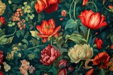 Beautiful and colorful background of a fabric with light emerald and red colored flowers. Generative AI
