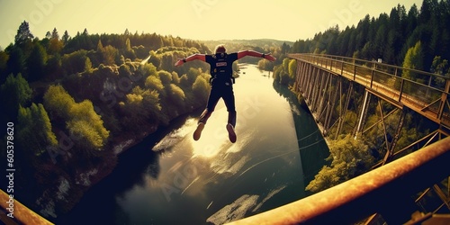 Person bungee jumping from bridge over a river, concept of Adrenaline rush, created with Generative AI technology photo