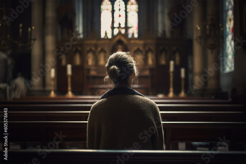 A young girl sitting inside the church.Back view.Created with generative ai