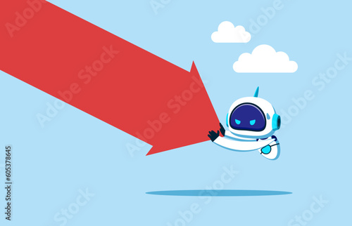 Cyborg with artificial intelligence pushing falling down arrow with full effort. Investment  crisis or recession, economic recession. Flat vector illustration