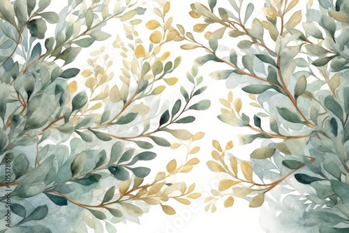 Background of green leaves and branches in watercolor design, in the style of dark white and light gold. Generative AI