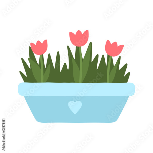 Bush with tulips in a pot. Spring plant. Flower bed decoration. Vector illustration in a flat style.
