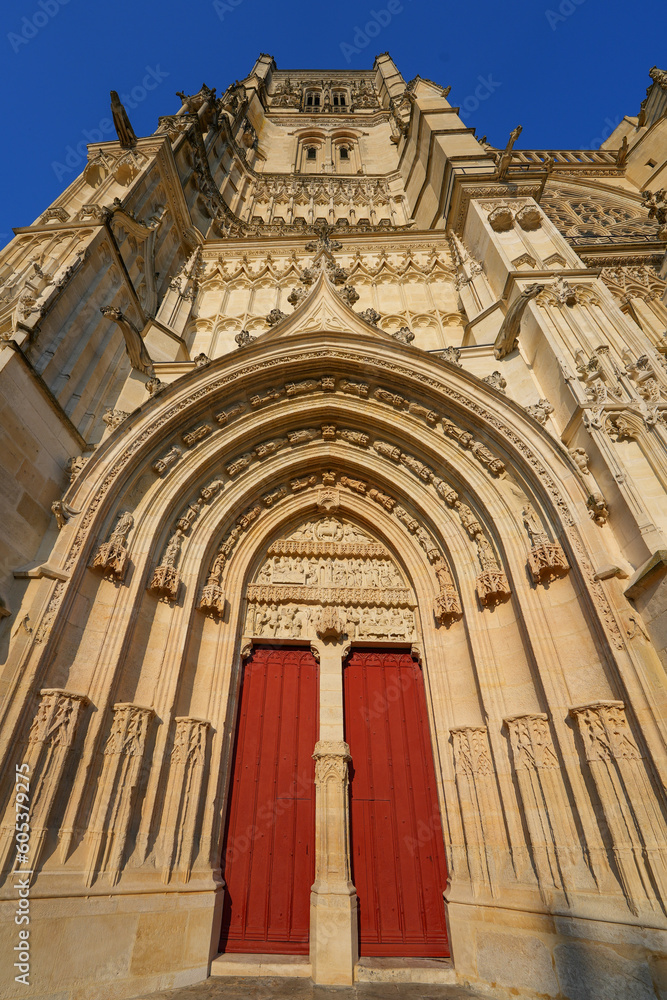 Entrance portal to Saint-Étienne Cathedral in Meaux, a Roman Catholic church in the Seine et Marne department near Paris, France