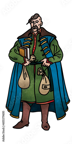 Ukrainian Cossack merchant who sells books and has money in a bag. Hand drawn color illustration with black outline. For illustrations of books, textbooks, encyclopedias, lectures