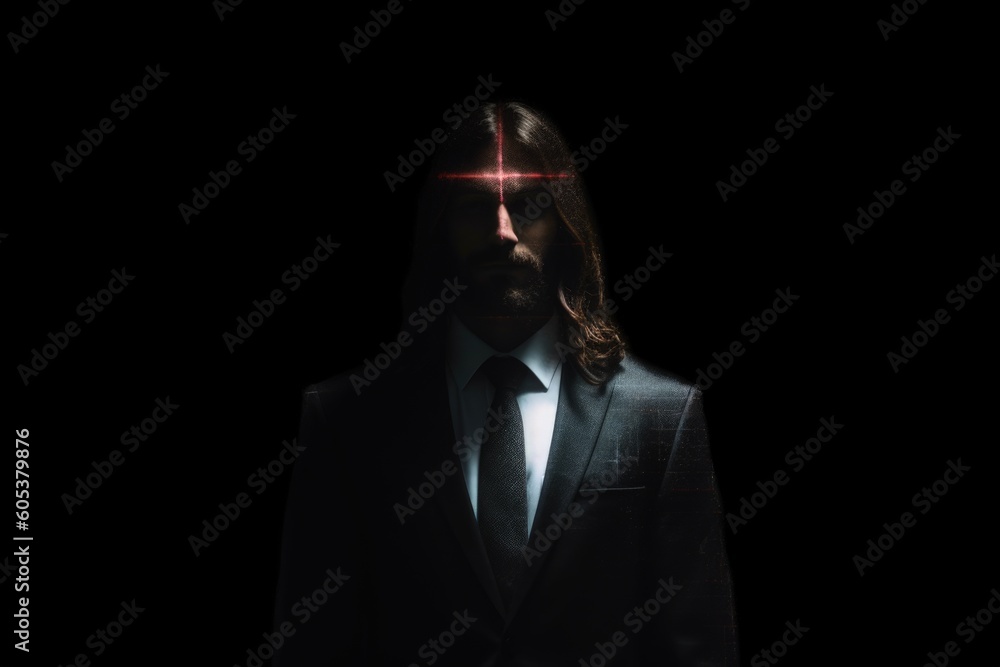 Portrait of Jesus Christ in a business suit, holy cross, radiance, generative ai