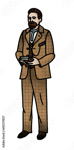 A teacher of the 19th - 20th centuries in a brown plaid suit and books in his hands. Hand drawn color illustration with black outline.
For illustrations of books, textbooks, encyclopedias, lectures