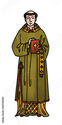 Catholic priest in a cassock with a Bible in his hands. Medieval historical character. Hand drawn color illustration with black outline.
For illustrations of books, textbooks, encyclopedias, lectures