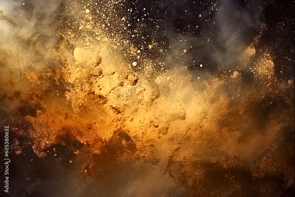 An abstract image of golden powder splash with a bokeh background of small reflective objects, creating a dreamy and ethereal atmosphere.