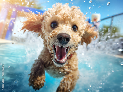 Excited poodle dog in pool swimming and playing in the water - Generative AI
