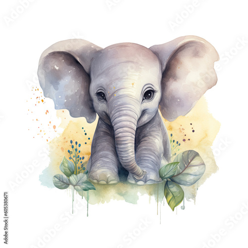 Watercolor little elephant isolated on transparent background. Generative AI