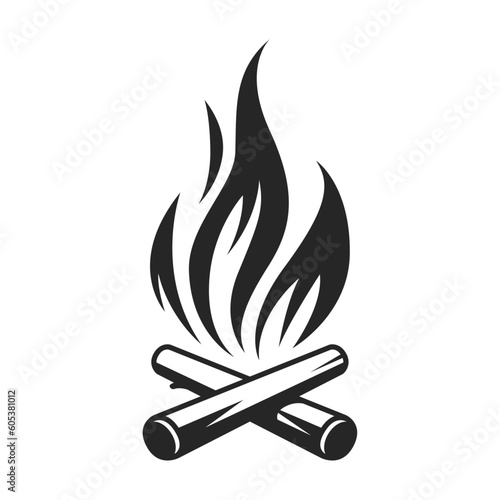 Vector black and white cartoon illustration of burning fire with wood. Fire wood and bonfire icon isolated on white background for web, print, decoration, burning flame.