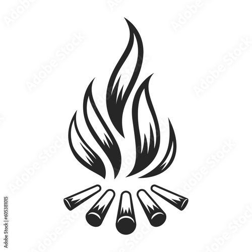 Vector black and white cartoon illustration of burning fire with wood. Fire wood and bonfire icon isolated on white background for web, print, decoration, burning flame.