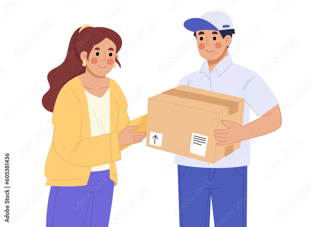 Illustration of courier and package receiver Illustration of courier and package receiver