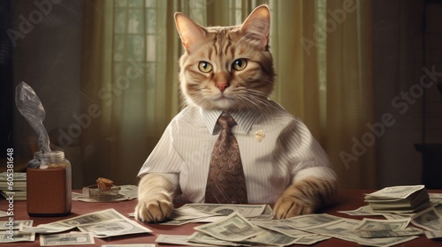 This image captures a cat's unique charisma, adorned in a pink suit, perched atop a heap of money, truly an unconventional fusion of humor and luxury.Created by Ai photo