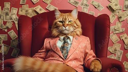 Marvel at the whimsical sight of a cat dressed in a pink suit, nonchalantly lounging on a pile of money, exuding an aura of playful extravagance.Created by Ai
 photo