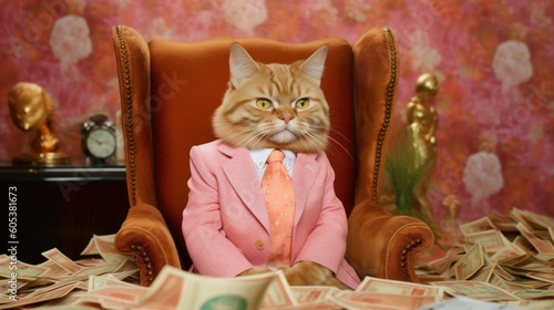 Witness a charmingly peculiar scene featuring a cat in a stylish pink suit, comfortably seated on an abundance of money - an image that combines whimsy and affluence.Created by Ai
 photo