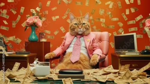 Wallpaper Mural This image captures a cat's unique charisma, adorned in a pink suit, perched atop a heap of money, truly an unconventional fusion of humor and luxury.Created by Ai Torontodigital.ca